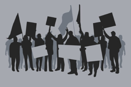 crowd with banners