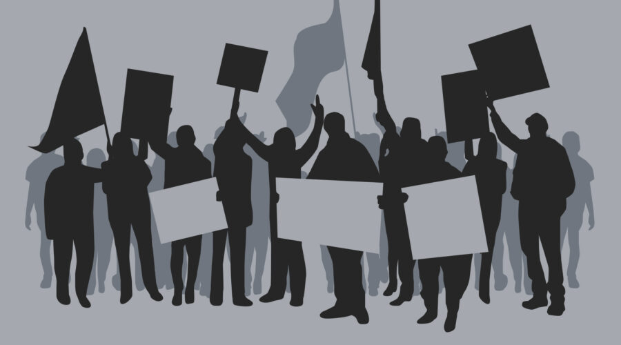 crowd with banners