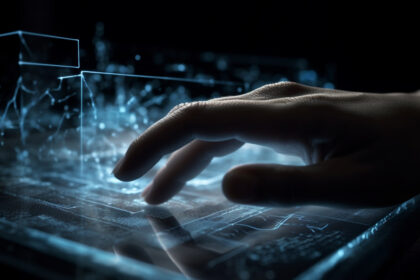 One person typing on futuristic glowing computer generated by artificial intelligence