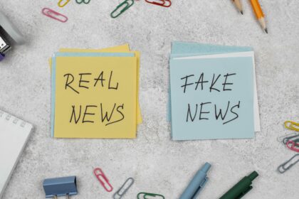 Sticky notes with Real news and fake news written on them