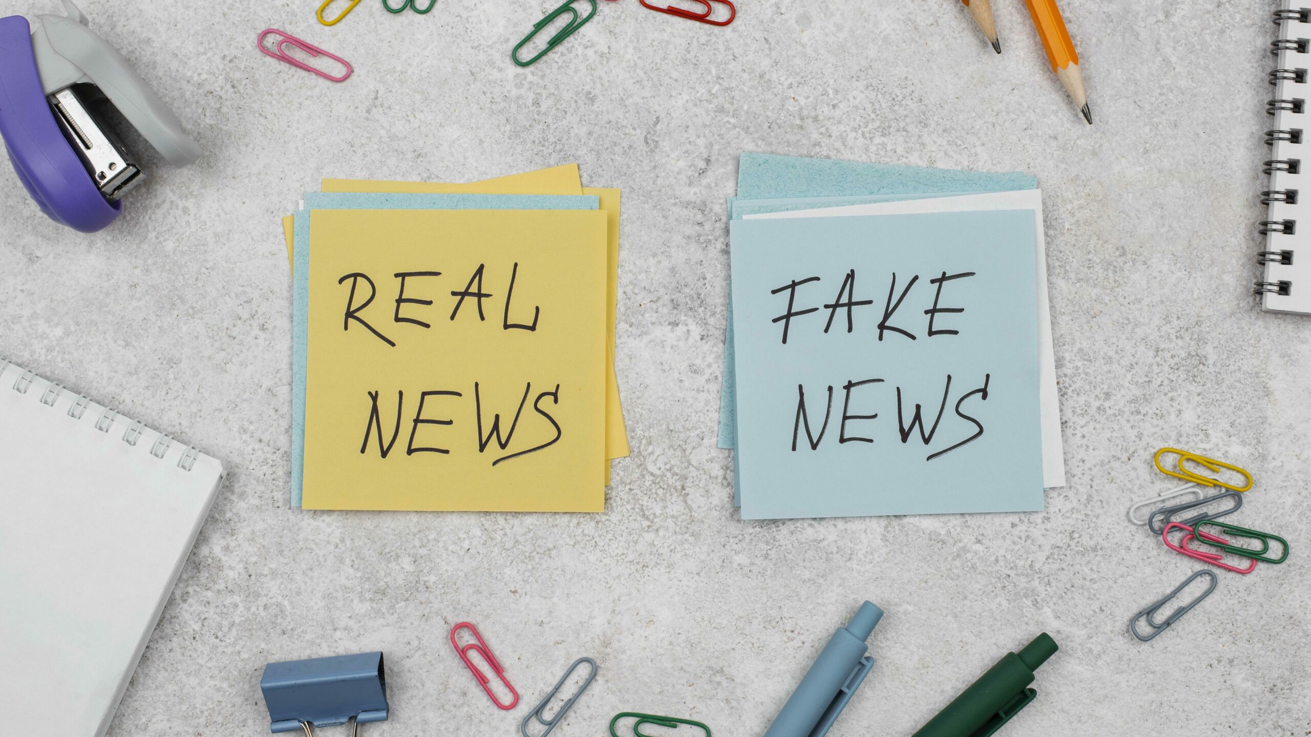 Sticky notes with Real news and fake news written on them