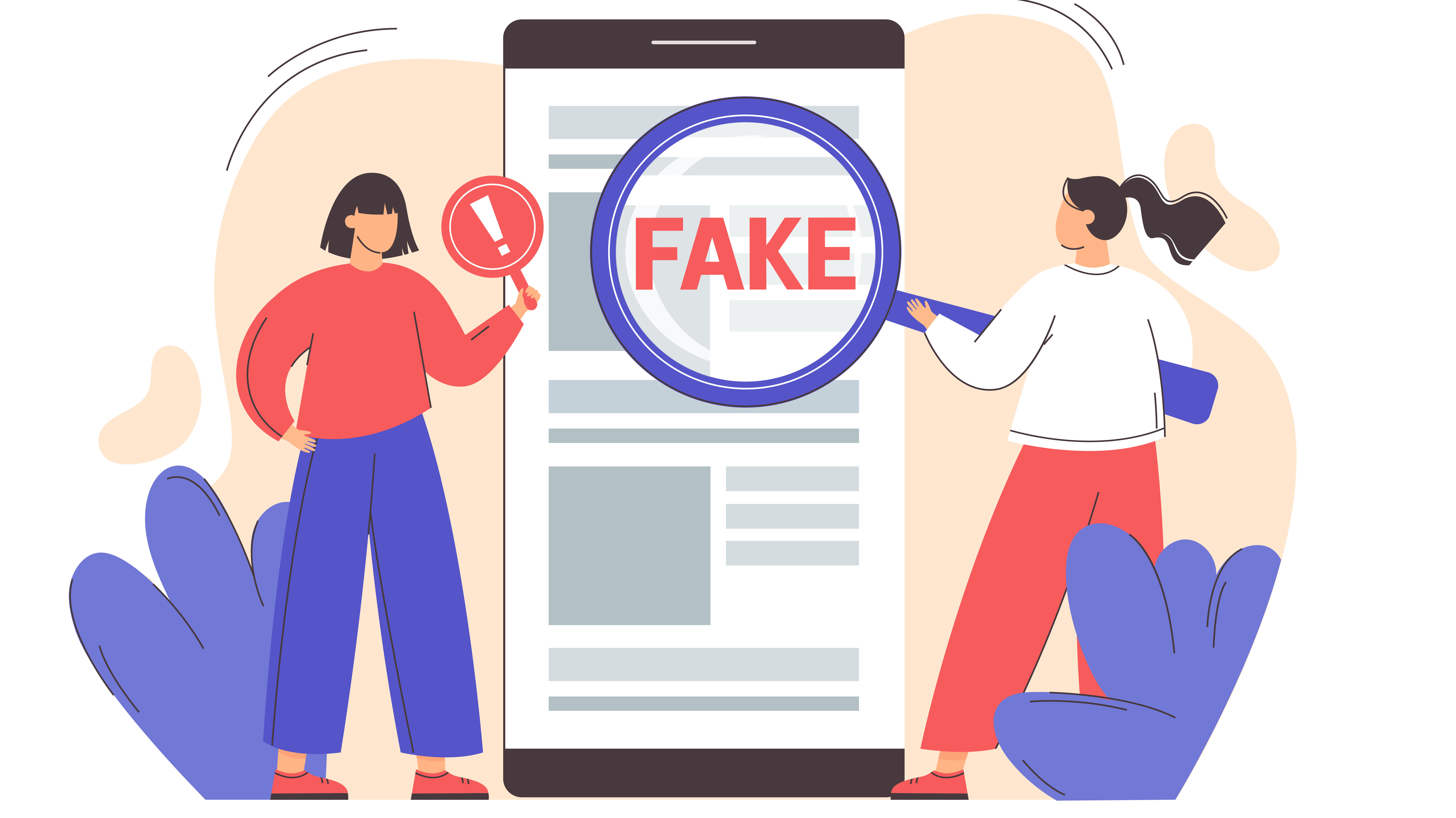 Flat girl with magnifying glass scanning and check news on smartphone. Spreading fake news concept. Hoax on the internet and social media. Untruth information spread.